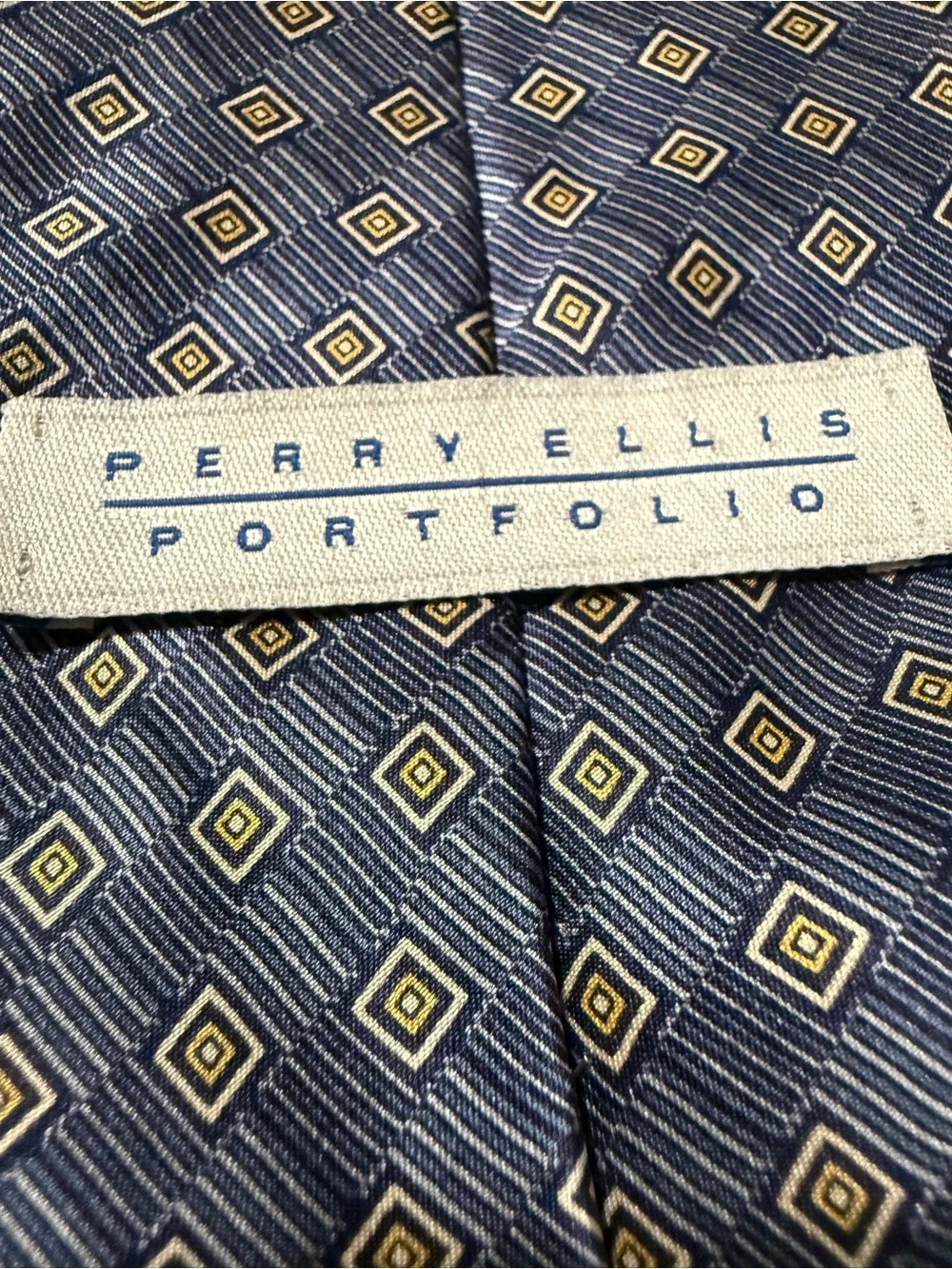 Perry Ellis Navy Blue Geometric Silk Tie with Gold Accents